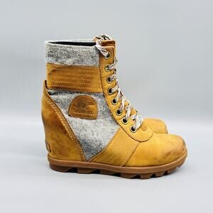 Sorel Boots Womens 7.5 Brown Gray Leather Lexie Lace Up Wedge Round Toe Booties